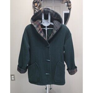 Vintage Jofeld Wool Hooded Coat Womens M Green Plaid Toggle Barn Jacket USA